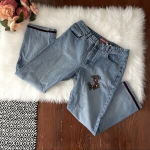 90s Vintage UNIONBAY Jeans Embellished Beaded Burgundy Velvet Trim Size 11